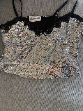 No Boundaries Silver Sequin Cami with Black Lace